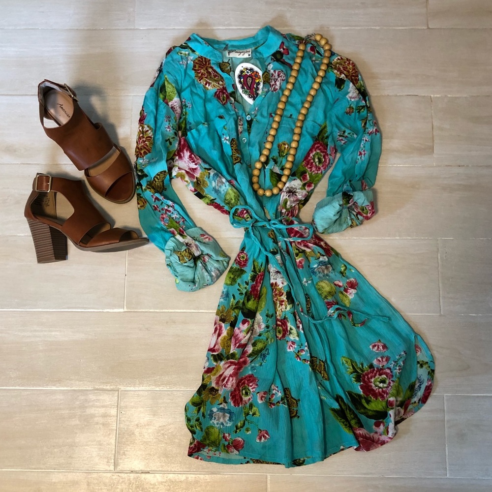 Floral Turquoise Shirt Dress